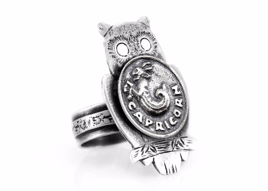 925 Silver Owl Ring with Capricorn Zodiac  Sign