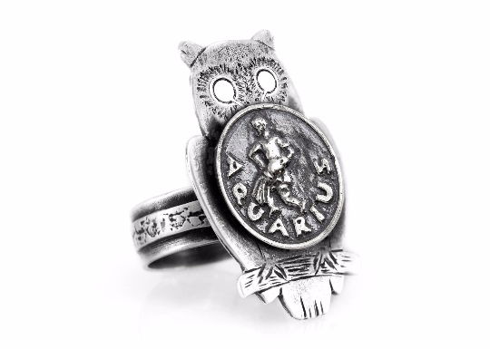 Silver Owl Ring with Aquarius Zodiac