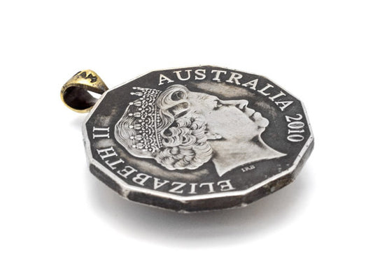 Coin pendant - ooak coin piece with 1 Discovery Dollar coin of the U.S. and 50 Cent coin of Australian