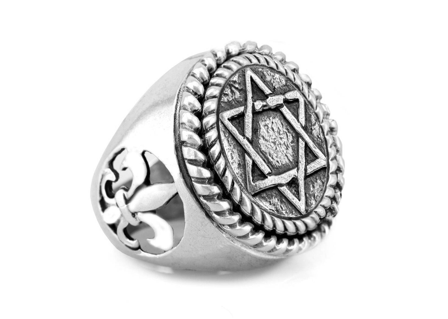 Star of David Coin Medallion Ring with fleur de lis symbol/ Magen David Ring