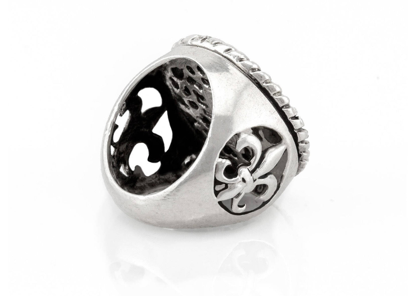Kokopelli Medallion Ring, symbol of a Native American Fertility god ring, with fleur de lis symbol