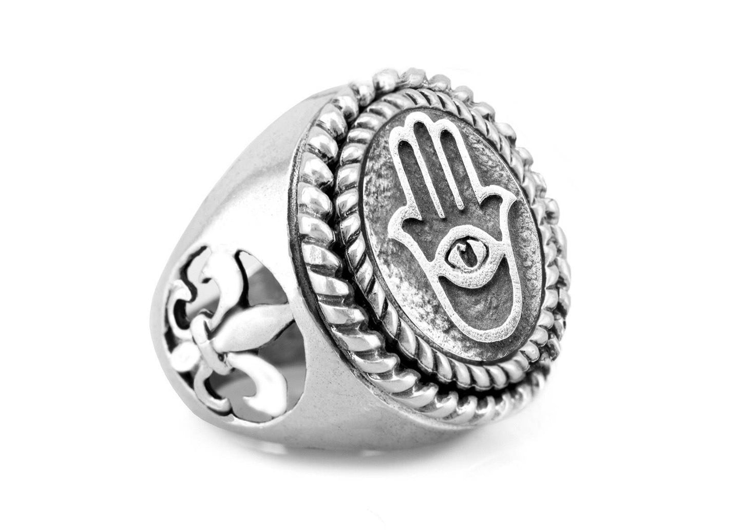 Hamsa Ring with fleur de lis symbol on the side: Hamsa jewelry