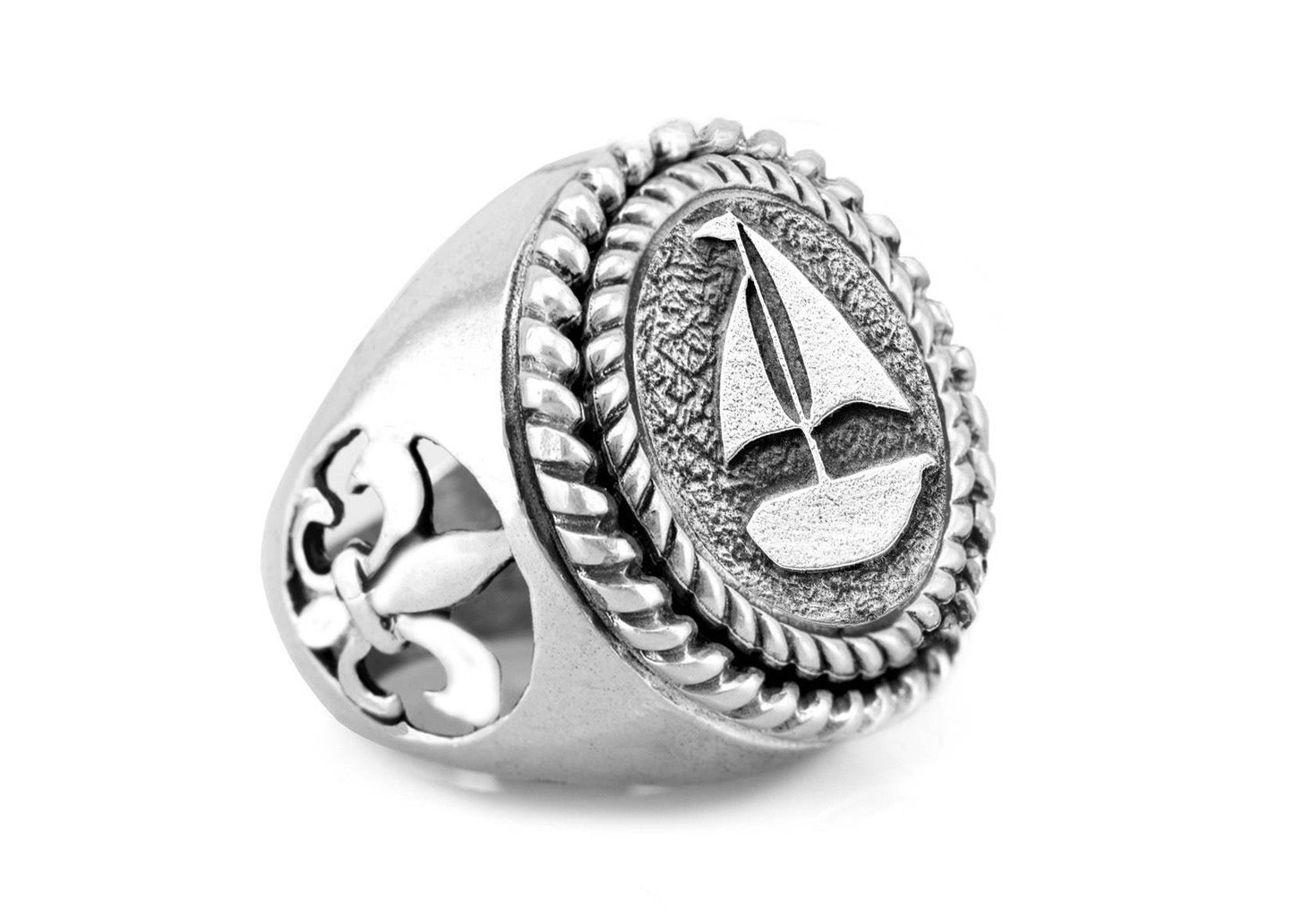 Sea Boat Medallion Ring with the fleur de lis symbol