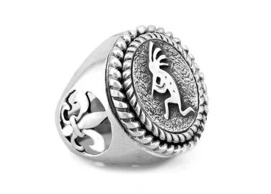 Kokopelli Medallion Ring, symbol of a Native American Fertility god ring, with fleur de lis symbol