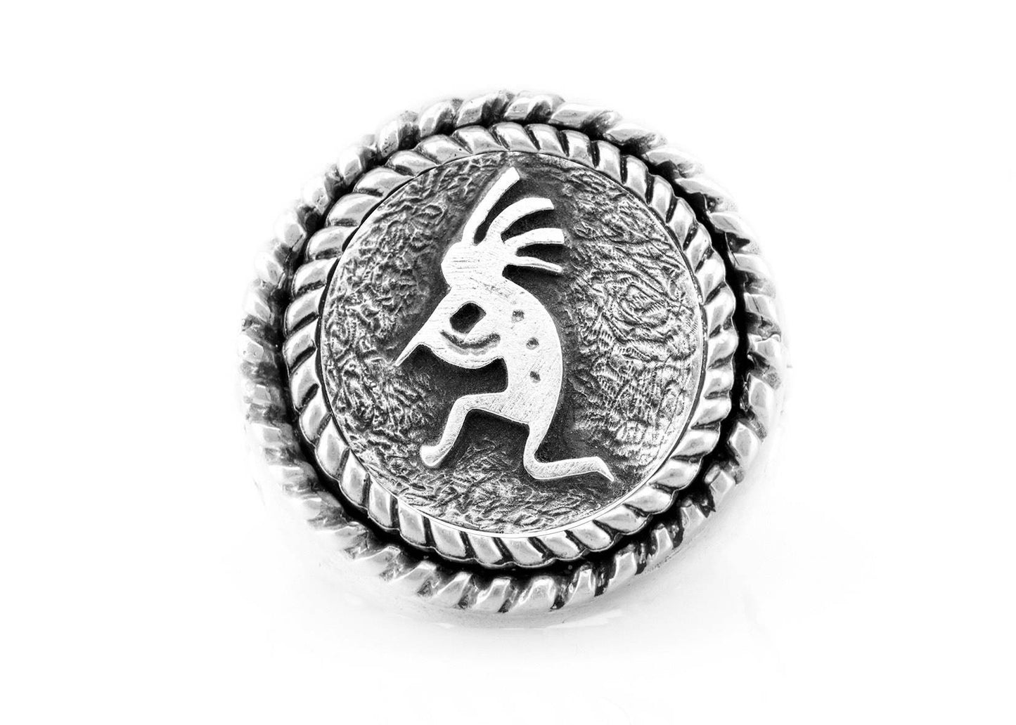 Kokopelli Medallion Ring, symbol of a Native American Fertility god ring, with fleur de lis symbol