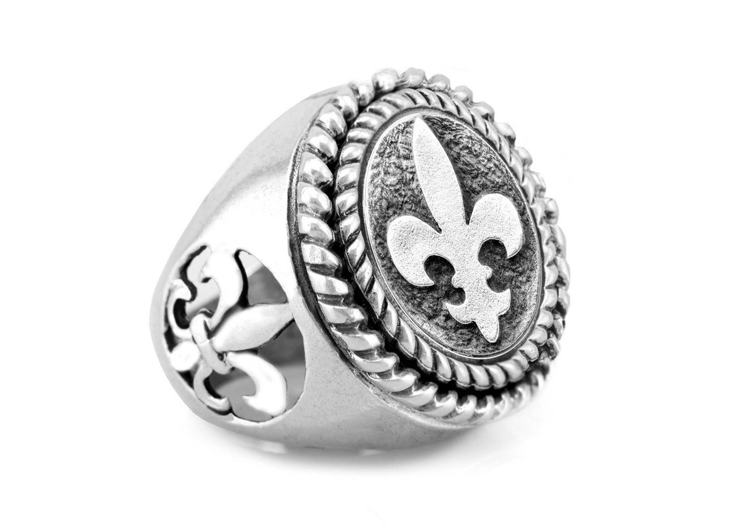 White Lily Medallion Ring with fleur de lis Symbol