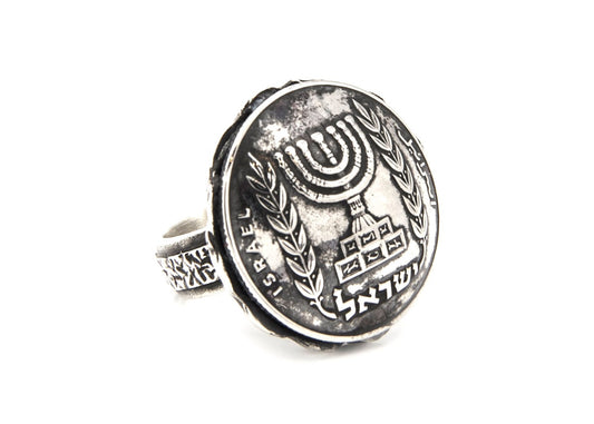 Israeli ring, Lira Coin, Israeli Silver Ring, Jewish Menorah, Hebrew Coin, Coins Ring, Old Coin Ring, 925 Silver Chunky Ring
