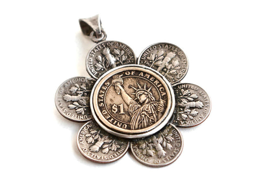 Flower USA Coins Liberty Necklace  -  US Dimes and Dollar Coin