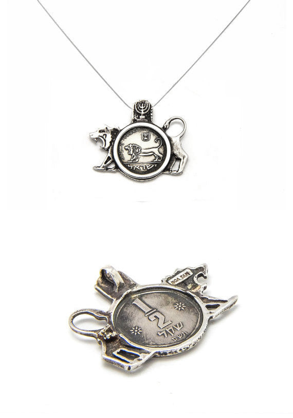 Courage Israeli Old Coin - Handmade Lion Silver Pendant Necklace