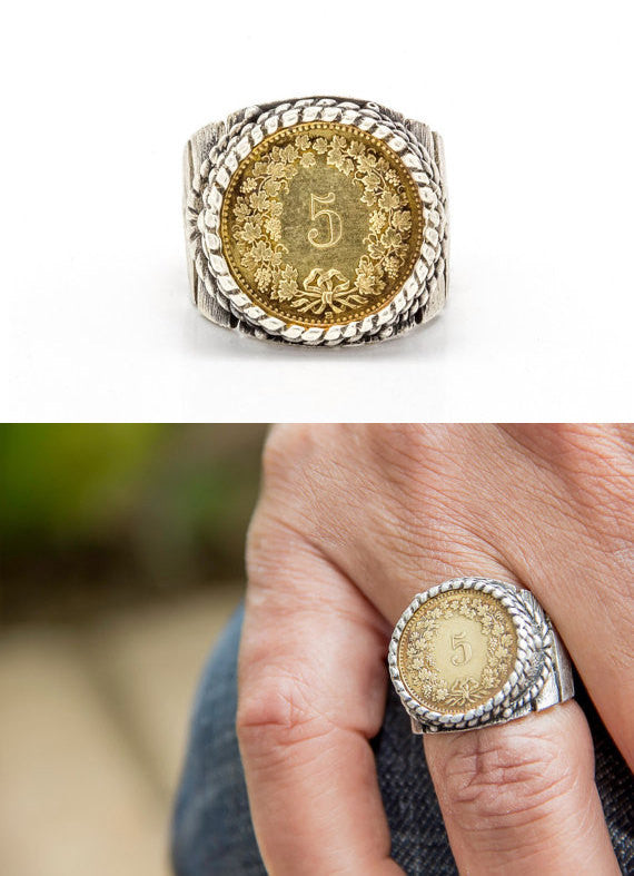 Vintage 14K Gold Mens Coin Ring 1945 Dos Y Medio Mexico