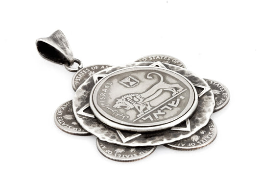 Sunflower Coin Necklace - US Dimes and Israeli 5 Liras Flower Design