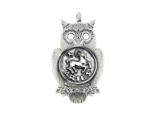 Silver Owl Pendant with Aries Zodiac
