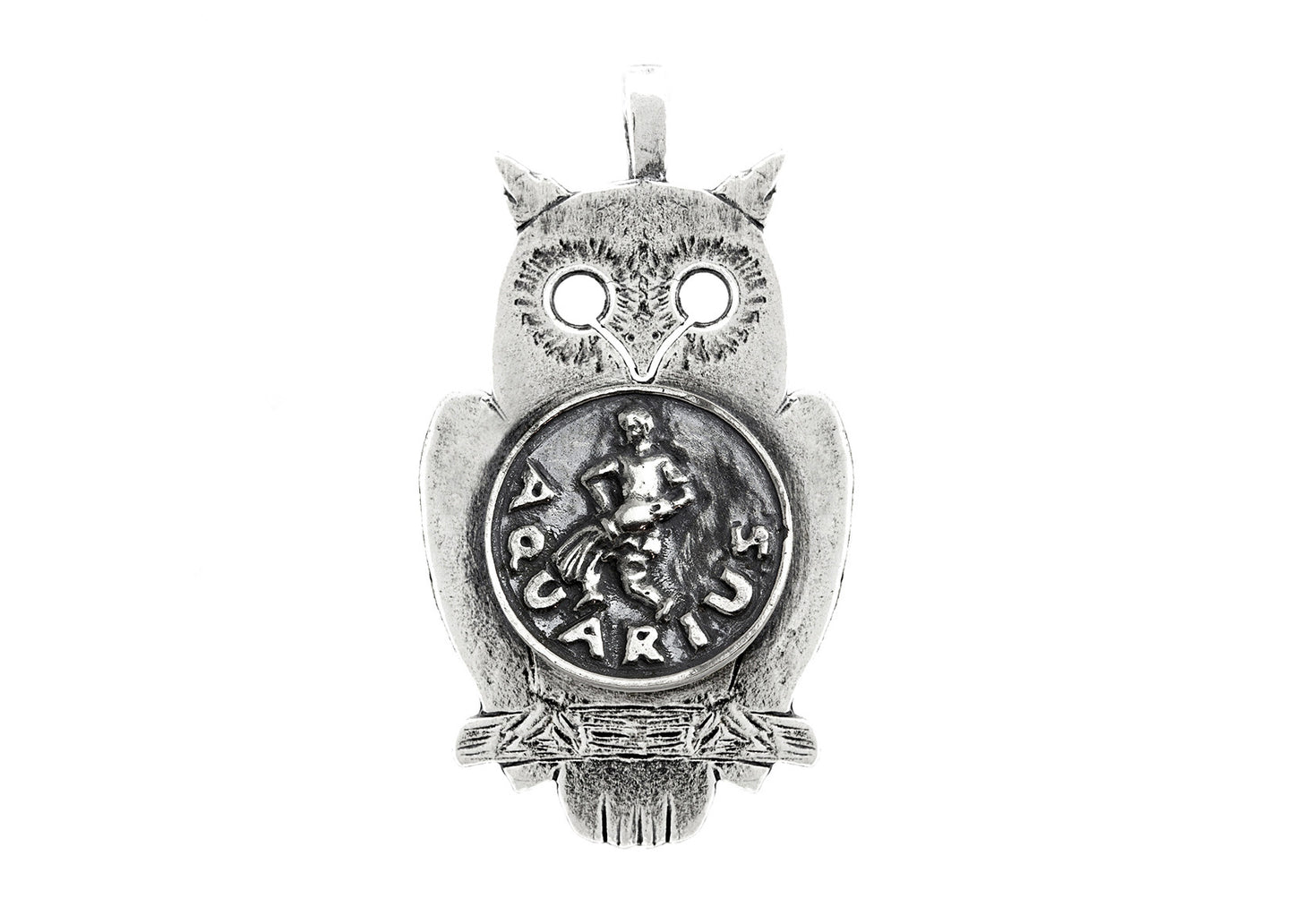 Silver Owl Pendant with Aquarius Zodiac