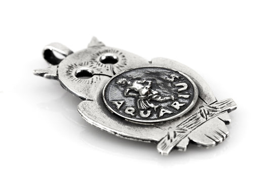 Silver Owl Pendant with Aquarius Zodiac