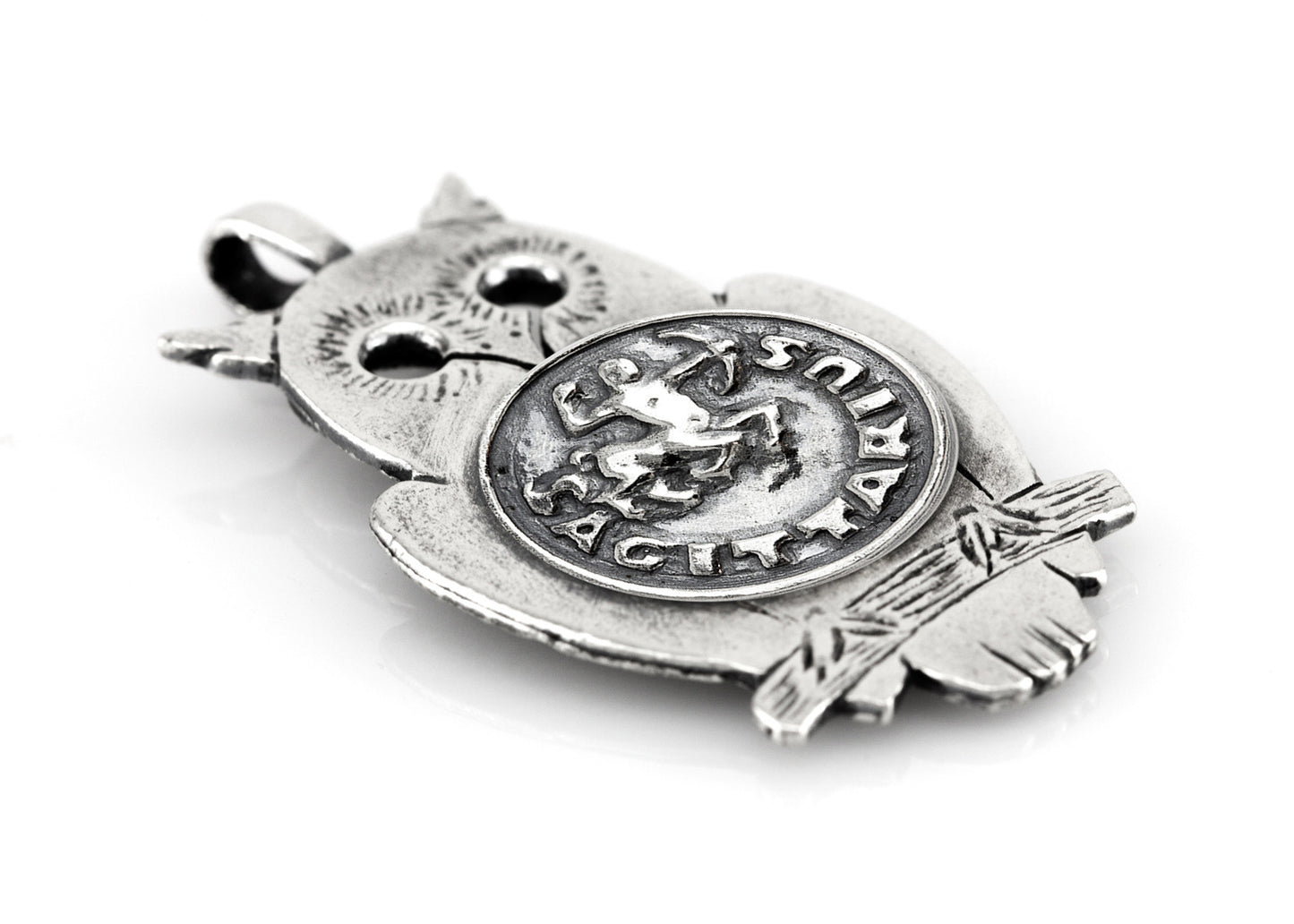 Silver Owl Pendant with Sagittarius Zodiac