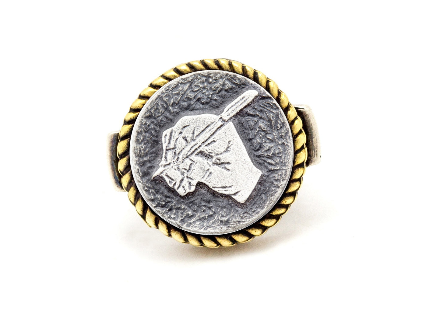 coin ring with the Writer’s Hand coin medallion