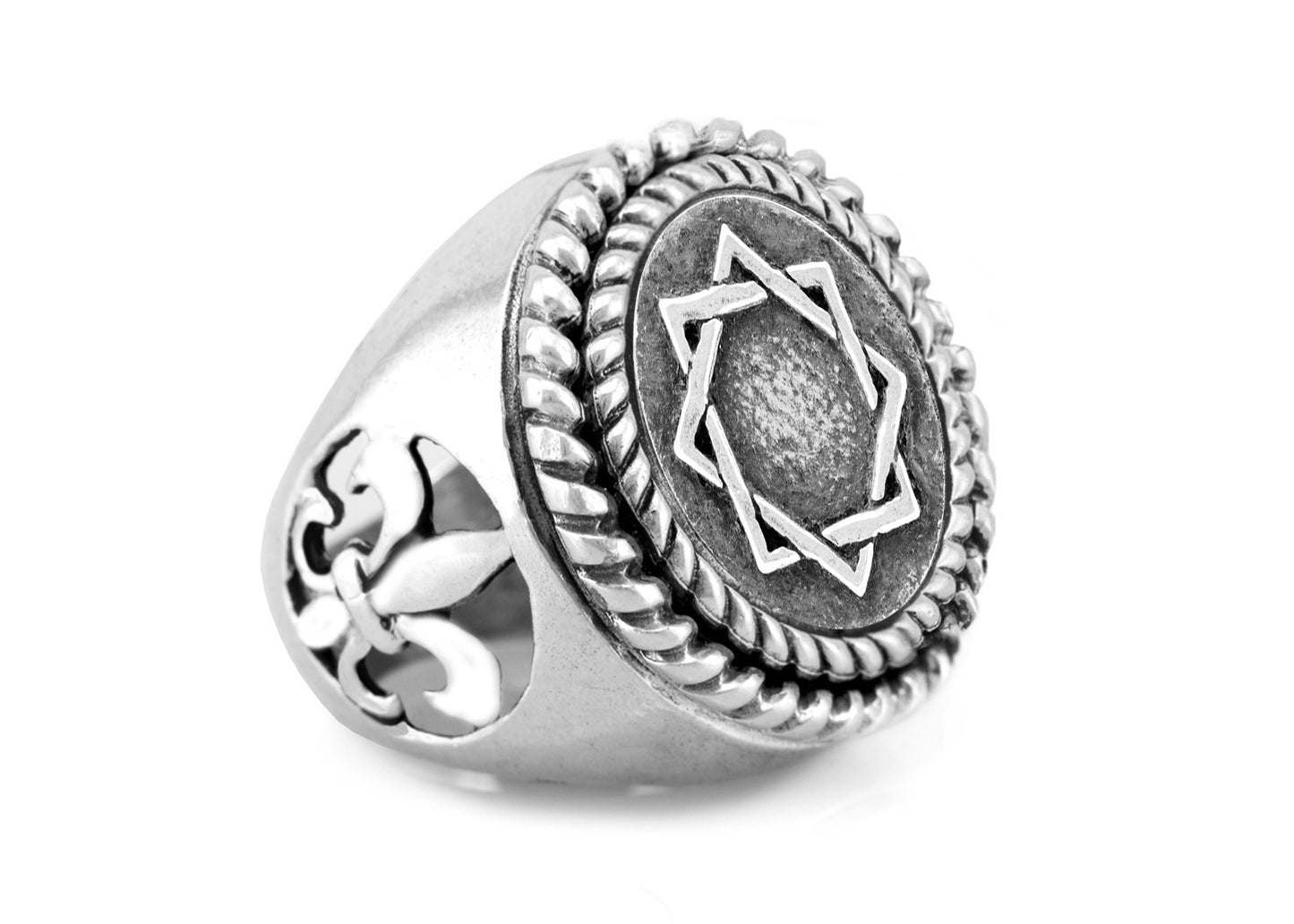 Star of Abraham Magen Avraham coin medallion on fleur de lis ring