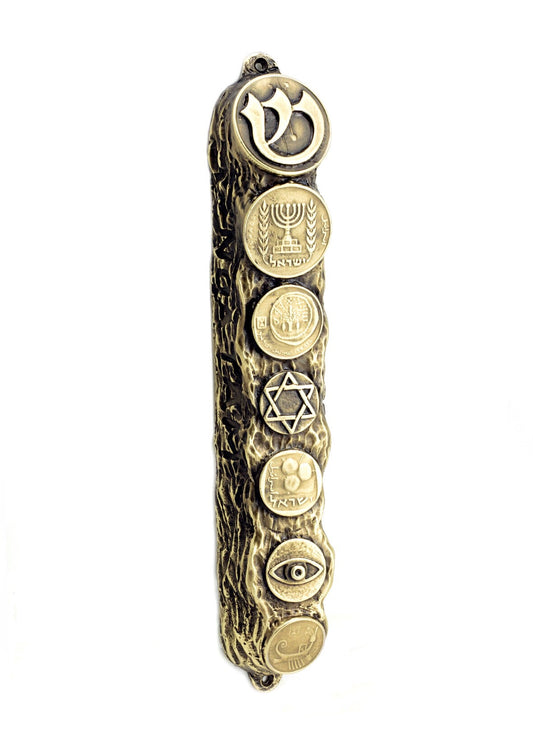 Mezuzah with Judaica Symbols in Bronze - Big (16cm)