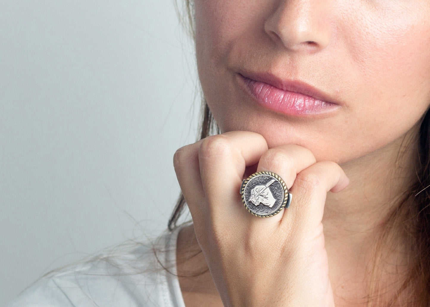 coin ring with the Writer’s Hand coin medallion