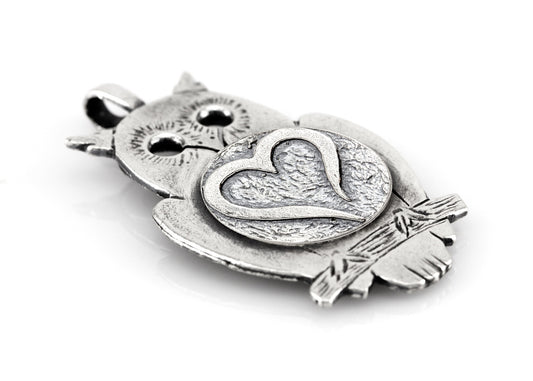 Silver Owl Pendant with Open Heart