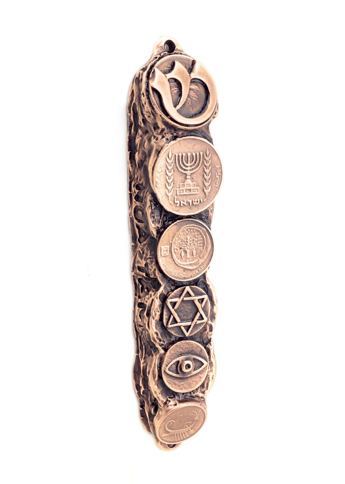 Mezuzah with Judaica Symbols & Blessings in Copper - Small (13cm)