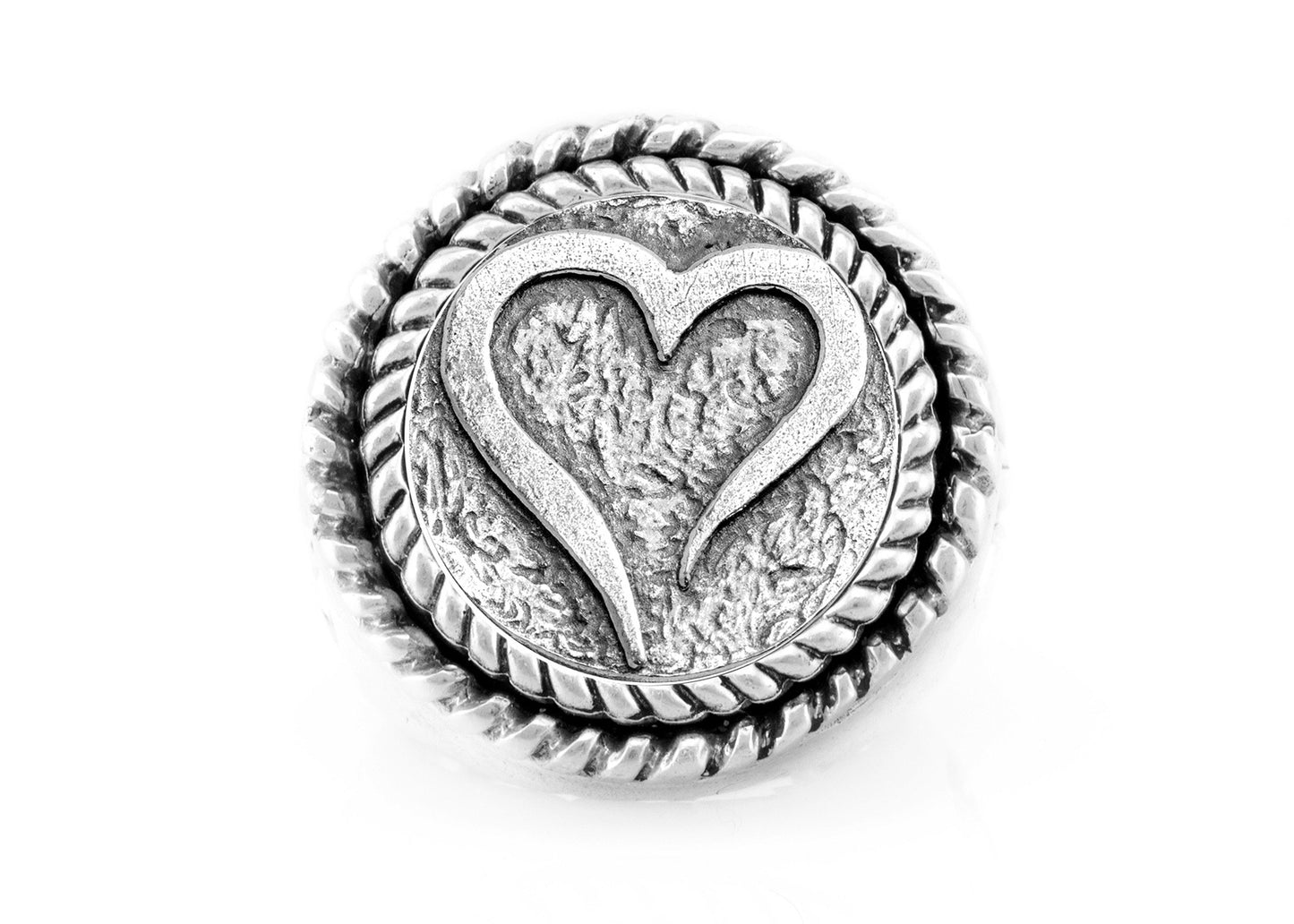 coin ring with the Open heart medallion on fleur de lis ring heart ring