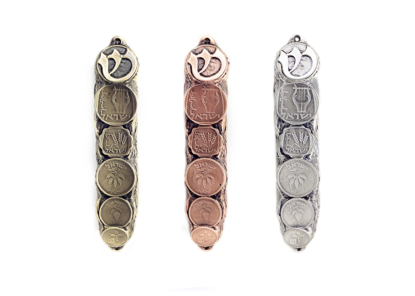 Mezuzah with Israeli Collector's Coins & Blessings in Copper - Small (13cm)
