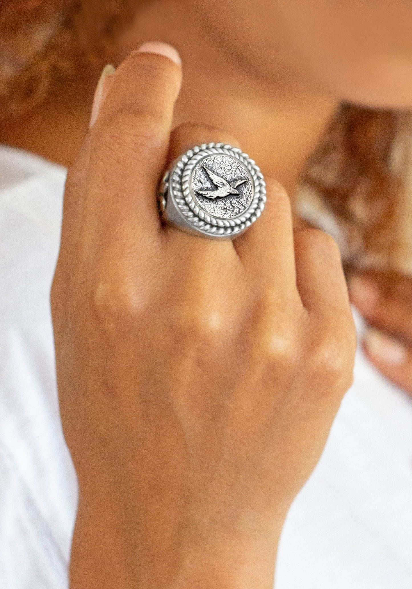 coin ring with the Flying bird medallion on fleur de lis ring  bird ring