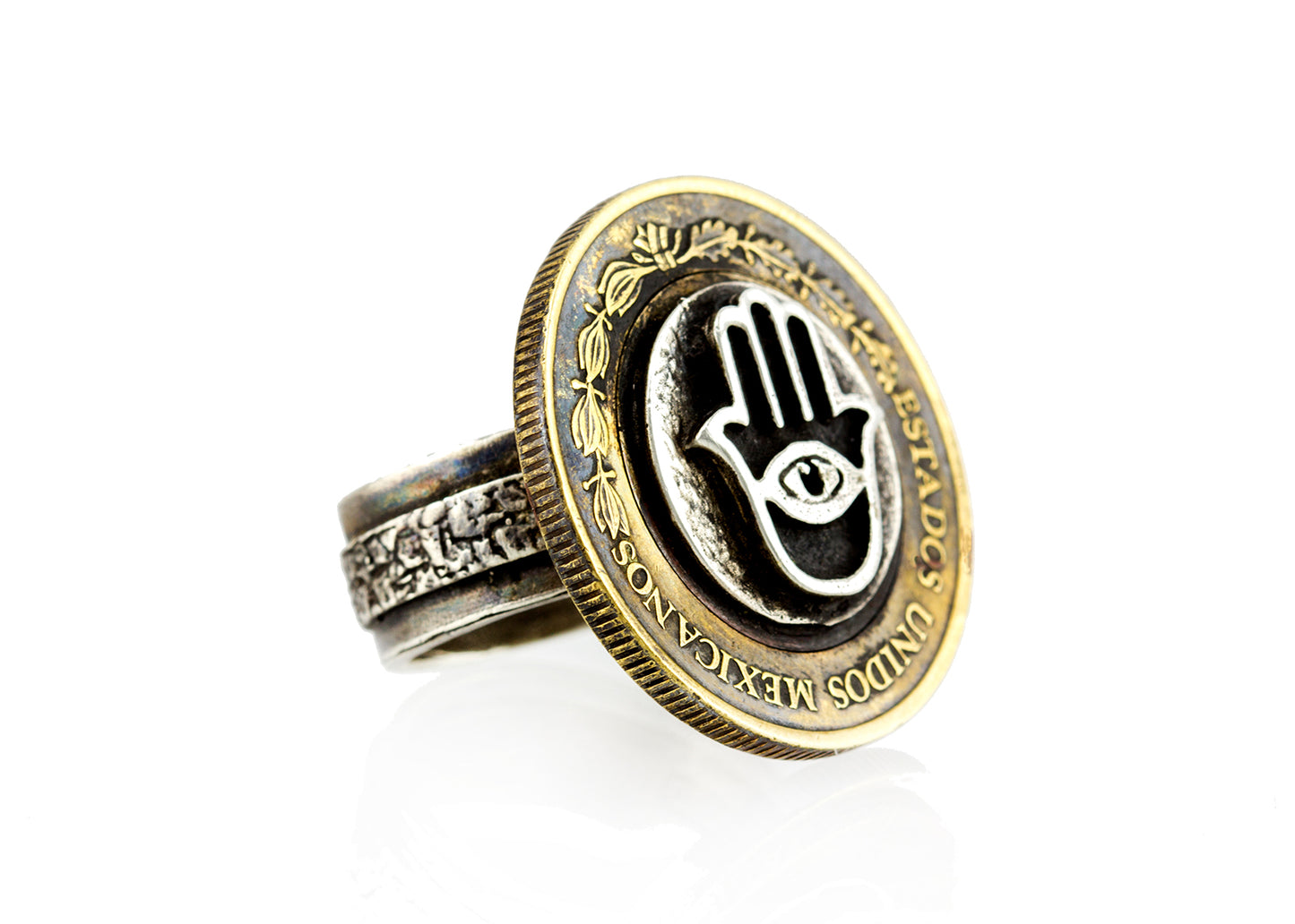 925 Sterling silver ring with Hamsa symbol and Mexican 10 peso