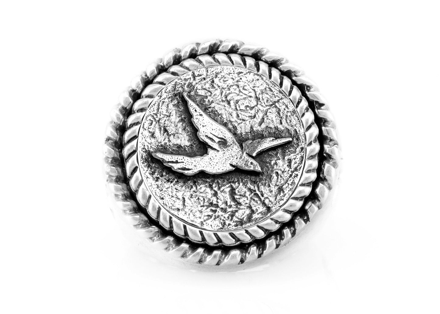 coin ring with the Flying bird medallion on fleur de lis ring  bird ring