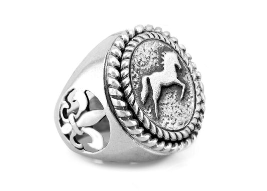 coin ring with the Galloping Horse medallion on fleur de lis ring