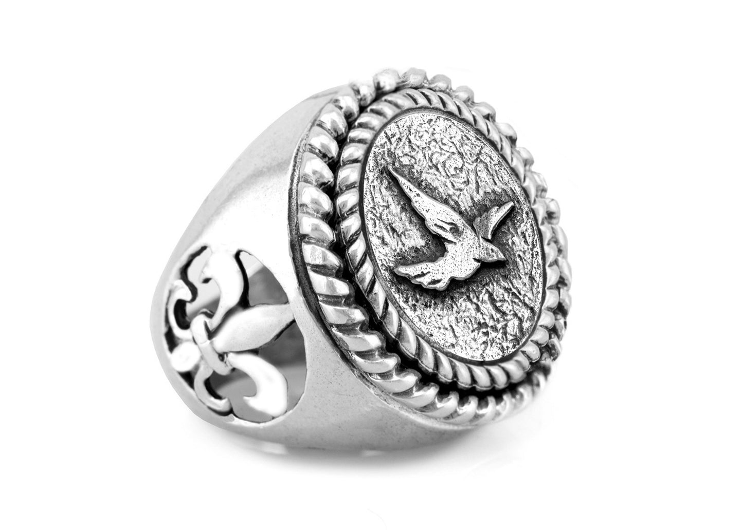 coin ring with the Flying bird medallion on fleur de lis ring  bird ring