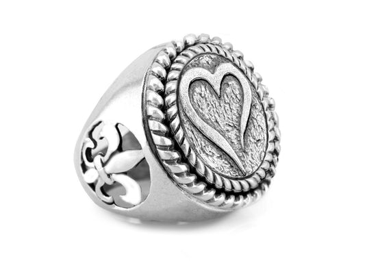 coin ring with the Open heart medallion on fleur de lis ring heart ring