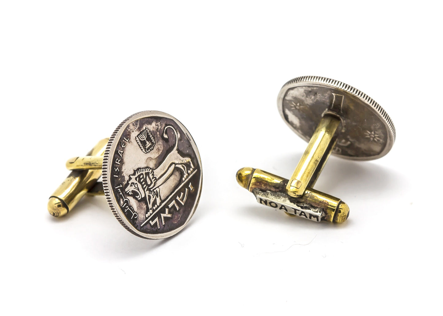 coin cufflink with the half Sheqel coin of Israel  coin with a lion