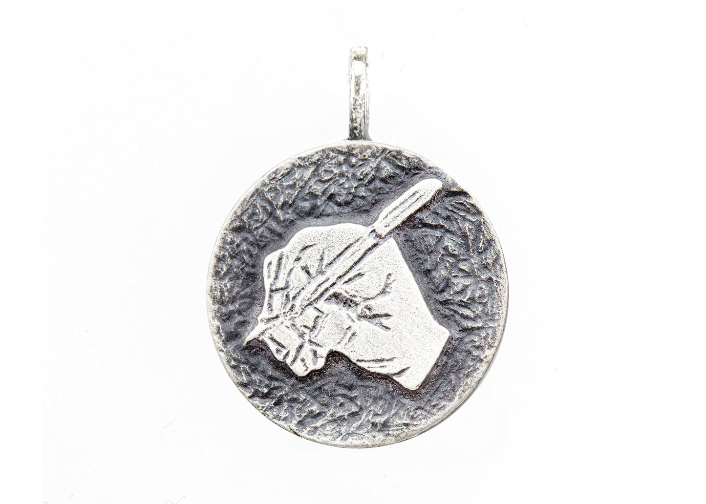 An amazing medallion necklace with the  The writing hand coin medallion