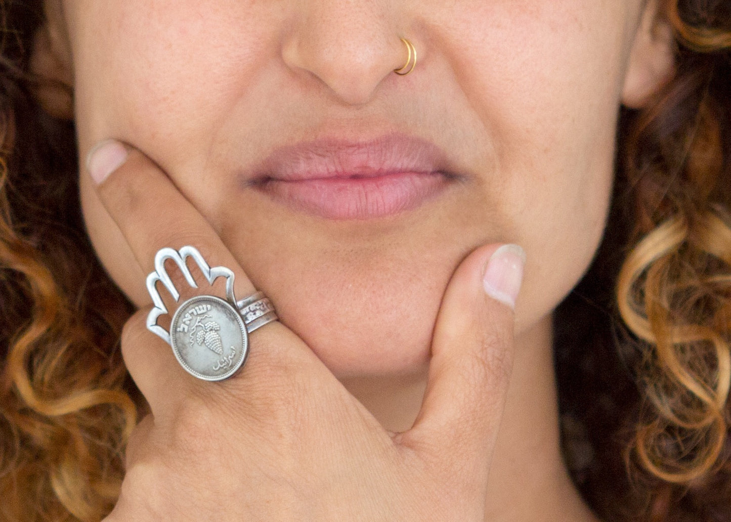 Hamsa Featuring Old, Collector's Israeli Coin - 25 Pruta coin Ring