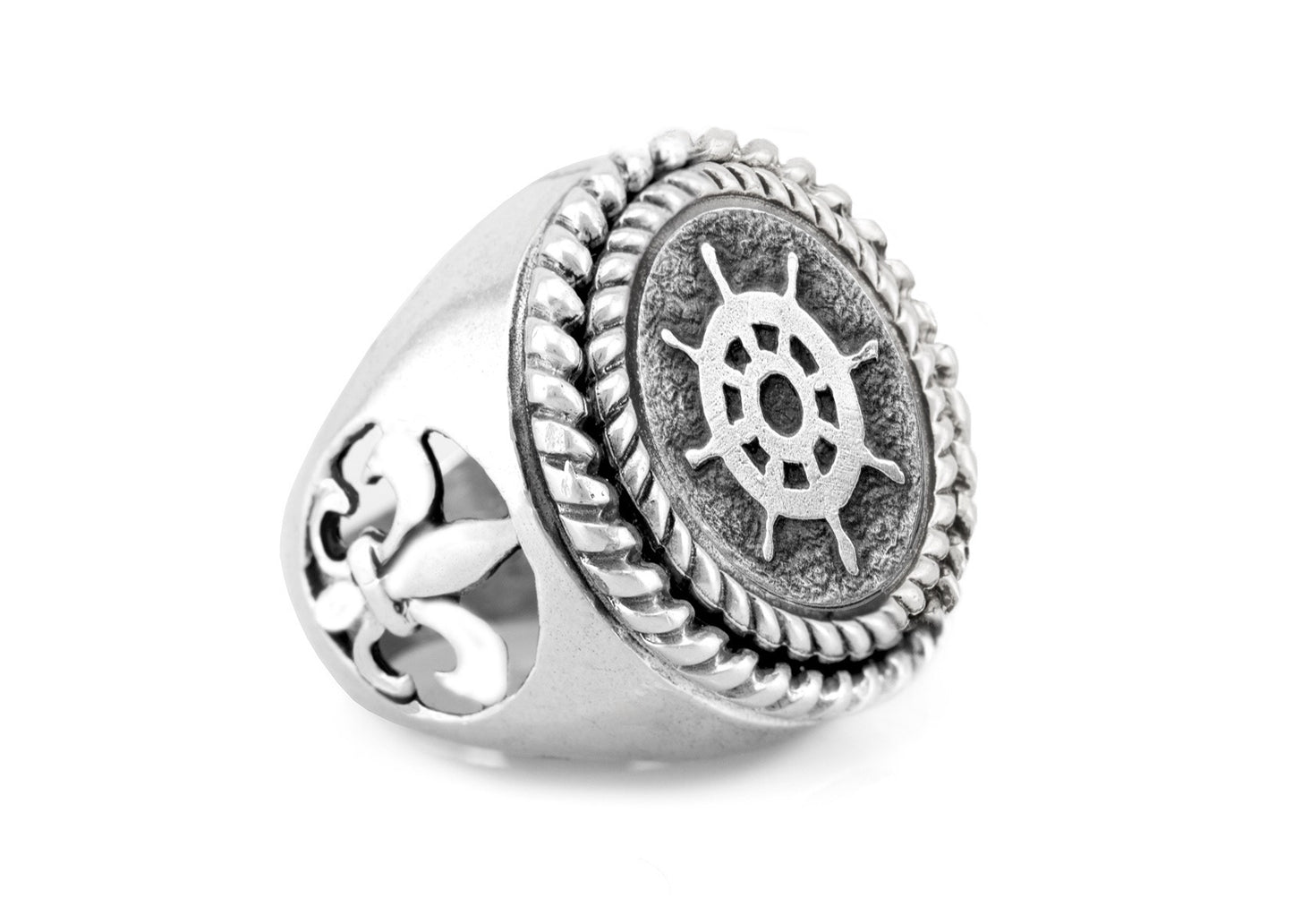 wheel coin medallion on fleur de lis ring